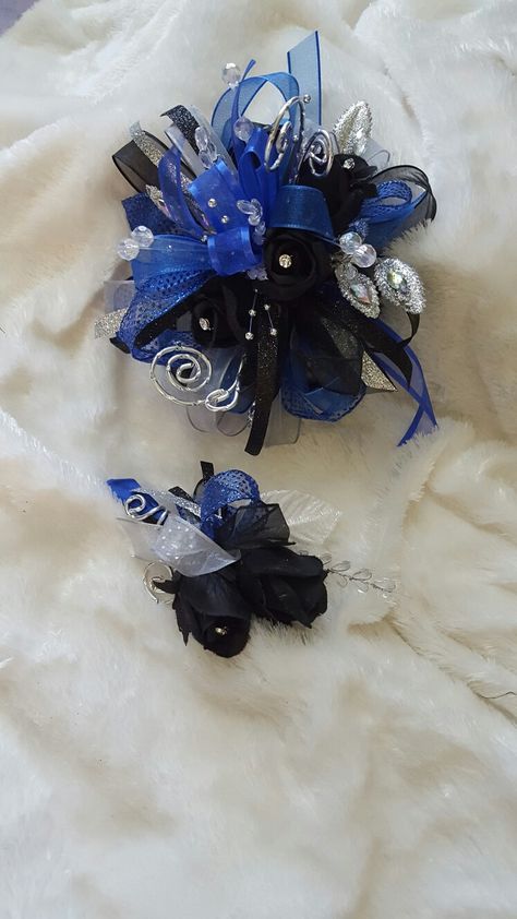 Black White Royal Blue Wedding, Blue And Black Corsage Prom, Black And Blue Corsage And Boutonniere, Black And Blue Corsage, Black And Royal Blue Prom, Royal Blue And Black Corsage, Royal Blue Corsage, Prom Wristlet, Prom Corsage Blue