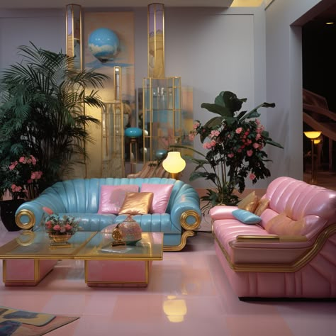 #1980sDecor #RetroLivingRoom #BrassAccents #PastelPalette #VintageInspiration Miami Vice Home Decor, Miami Vice Decor, Retro Futuristic Room, 80s Miami Aesthetic Home, 1980 Furniture, 1980 Interior Design, Miami 80s Aesthetic, 80s Living Room Aesthetic, 80s House Decor