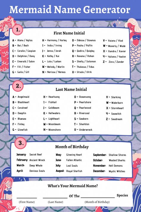 Mermaid Name Generator 🧜‍♀️| Imagine Forest Mermaid Oc Generator, Magic Name Ideas, Fantasy Group Names, Cute Name Generator, Names For Mermaids, Mermaid Names Ideas, Group Names Ideas Creative, Mermaid Name Generator, Sea Names