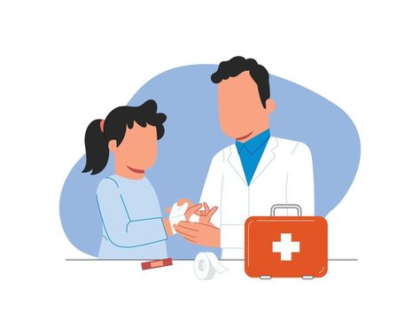 Vector illustration of a doctor and a little girl with a first aid kit First Aid Illustration, First Aid Poster, Illustration Kids, Heart Tree, Aid Kit, Cityscape Photos, Logo Banners, First Aid Kit, Nature Backgrounds