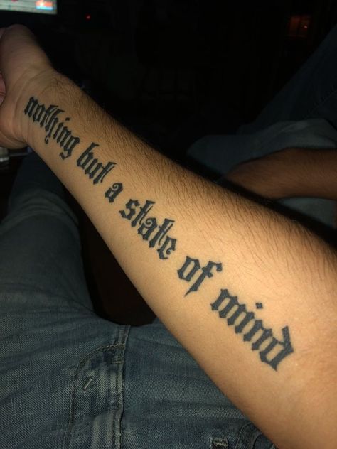 Side Hand Tattoos For Guys Words, Tattoo Text Ideas Men, Writing Tattoos For Men, Side Arm Tattoo Men, Text Tattoo Men, Loyalty Over Love Tattoo, Side Forearm Tattoo Men Ideas, Small Writing Tattoos, Tattoo Writing Styles