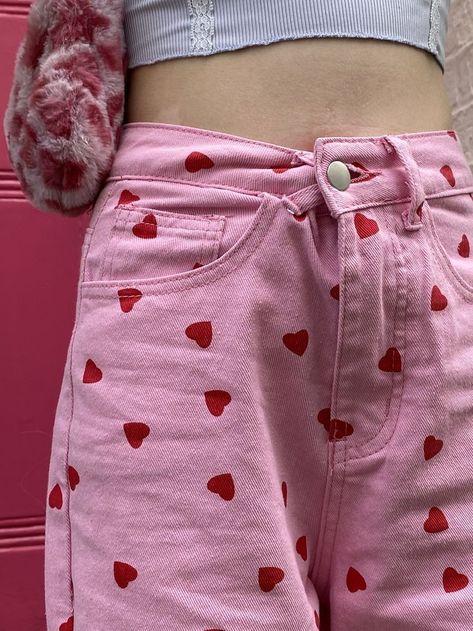 Red Heart Jeans, Pink Jeans With Hearts, Pink Dress With Red Hearts, Heart Themed Outfits Aesthetic, Jeans With Hearts On Them, Lovecore Pants, Pink Red Outfit Aesthetic, Lovecore Outfit Male, Red And Pink Fashion