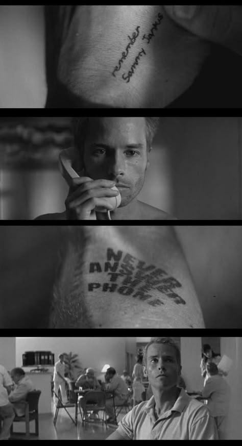 Memento (2000) | dir. Christopher Nolan Memento Stills, Memento Movie Scene, Memento Tattoo Movie, Tattoos In Movies, Film Related Tattoos, Memento Movie, Film Tattoo, Nolan Film, Movie Tattoo