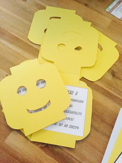 Making your own LEGO invites for LEGO birthday party  I used a random template I googled of "LEGO head". Then created my own template. Used yellow light cardboard paper. Folded it once. Used a knife to cut around my template. You can choose which way the invite opens. I chose at the top of the head. Then I printed my invite text cut it to shape and glued it together. My son of 4 almost 5 loved them :D Lego Invitation, Random Template, Lego Invitations, City Party, Lego Head, Superhero Birthday Cake, Pirate Cake, Lego Activities, Lego Cake