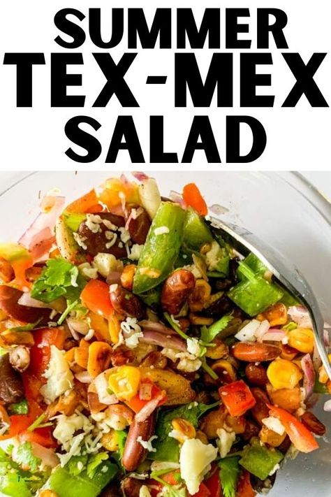 Healthy Tex Mex Summer Salad is made with Black Beans, Corn and loads of Veggies. This has a zesty lemon dressing which makes this so refreshing! #recipe #summer #texmex #salad - recipemagik.com Tex Mex Salad Recipes, Mex Salad, Salad With Lime Dressing, Sweetcorn Salad, Tex Mex Salad, Black Bean And Corn Salad, Bean And Corn Salad, Black Bean And Corn, Mexican Salads