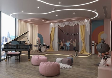 Kids Music Room, Modern Kids Room Design, Music Room Design, Kindergarten Interior, Kids Art Studio, Daycare Design, Graphic Design Interior, Kids Cafe, Kindergarten Design