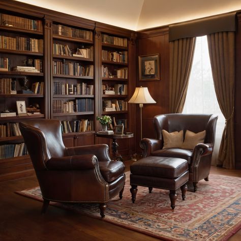 ⚠️LINK IN BIO⚠️ A sophisticated classic-style home library with floor-to-ceiling bookshelves, rich wooden hues, and a comfortable leather armchair. #HomeLibrary #ClassicStyle #Bookshelves #Wood #LeatherArmchair Wood Paneled Library Office, Bookshelves Wood, Gentleman's Study, Mahogany Library, Gentlemans Study, Floor To Ceiling Bookshelves, Cabin Designs, Paneled Library, Gorgeous Interiors