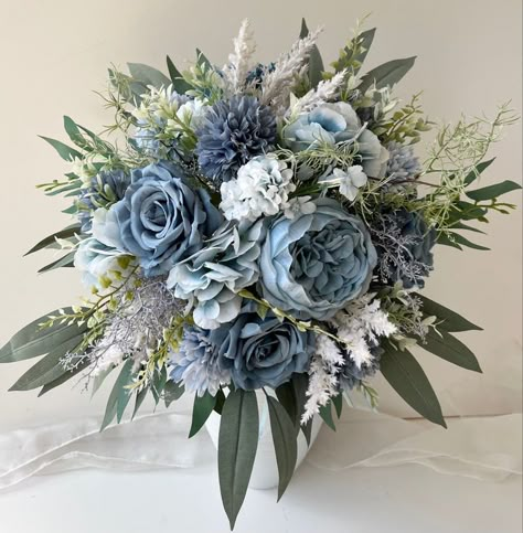 Blue And Grey Flower Arrangements, Eucalyptus Bouquet With Blue, Steel Blue Wedding Bouquet, Bouquet Of Flowers Dusty Blue, Wedding Bouquets Fall Blue, Slate Blue Rustic Wedding, Dusty Blue Eucalyptus Wedding Flowers, Dusty Blue And Navy Wedding Bouquet, Dusty Blue Wedding Theme Rustic