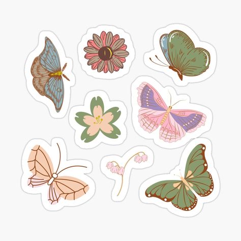 Pastel tone butterfly and flower set Sticker Aesthetic Butterflies, Sticker Design Inspiration, Butterfly Stickers, Fairy Stickers, Butterfly And Flower, Butterfly Printable, Butterflies Flowers, Abstract Floral Art, Scrapbook Stickers Printable