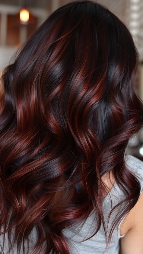 Wavy dark hair with rich red and copper highlights. Dark Brown Hair Burgundy Highlights, Red Hair Dye On Dark Brown Hair, Dark Brown With Color Highlights, Red Wine Highlights On Black Hair, Burgundy Hair With Copper Highlights, Black Hair With Burgundy Underneath, Black Hair Dark Red Highlights, Dark Brown Red Balayage, Mahogany Curly Hair