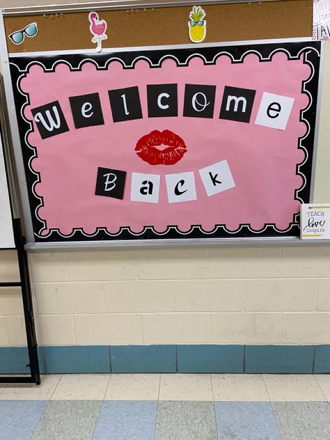 Pink Bulletin Board Classroom Decor, School Bulletin Boards Aesthetic, Y2k Bulletin Board, Welcome Back To School Posters Ideas, Mean Girls Bulletin Board, Barbie Bulletin Board Ideas, Pink Bulletin Board Ideas, Senior Door Decorations Ideas, Welcome Back Poster Ideas