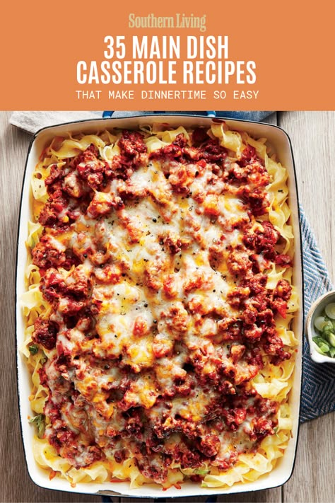 35 Main Dish Casserole Recipes That Make Dinnertime So Easy | With these main dish casserole recipes, you can put a satisfying dinner on the table in one dish. #recipes #recipeideas #southernliving #casserole #casserolerecipes #casseroleideas Country Casserole Recipes, Casserole Ideas Main Dishes, Best Dinner Casseroles, Top Rated Casserole Recipes, Dinner Recipes Casserole Main Dishes, One Dish Meals Casseroles, The Best Casserole Recipes, Popular Dinner Recipes Top 10, Best Taste Of Home Recipes