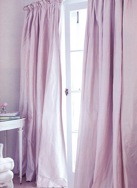 Pink feng shui curtains - for fresh air flow Lilac Curtains, Bridal Branding, Lavender Curtains, Purple Curtains, Lavender Cottage, Rachel Ashwell Shabby Chic, Feng Shui Bedroom, Jewelry Beauty, Pale Lilac