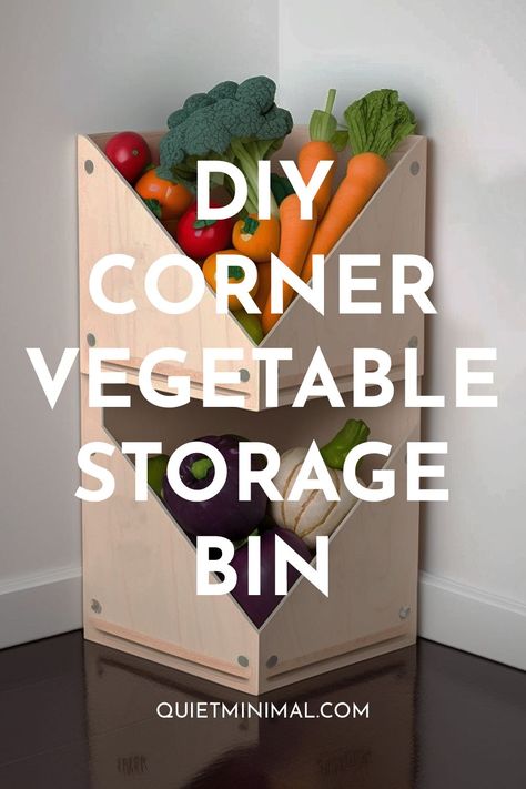 DIY corner vegetable storage bin Diy Vegetable Storage Bin, Veggie Storage, Wooden Storage Bins, Vegetable Storage Bin, Vegetable Storage Rack, Produce Bin, Minimalist Diy, Vegetable Rack, Stacking Bins