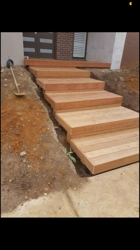 Wooden Front Steps, Outdoor Wood Steps Ideas, Platform Steps Entry, Wood Walkway To Front Door, Long Stairs Outdoor, Wooden Patio Steps From House, Wooden Front Steps Entrance, Cedar Stairs Outdoor, Wood Stairs On Concrete Patio