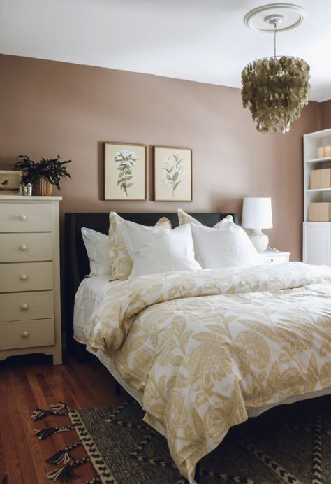 Bedroom Makeover with Salmon Walls - Nesting With Grace Salmon Walls Bedroom, Light Peach Bedroom Walls, Salmon Room Bedrooms, Salmon Paint Color Bedroom, Mauve Bedroom Paint, Salmon Color Bedroom, Mauve Accent Wall Bedroom, Dead Salmon Bedroom, Light Peach Wall Color Master Bedrooms