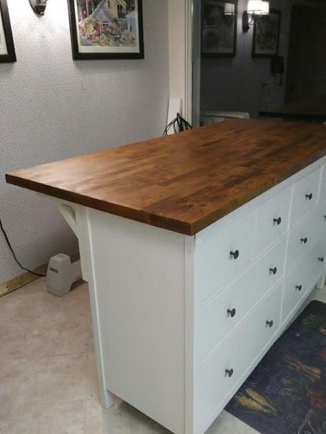 Lori puts the HEMNES 8-drawer chest to work in the kitchen.  DIY island! Ikea Kitchen Work Table, Add Countertop Cabinet, Diy Kitchen Island Bookshelf, Using Old Furniture For Kitchen Cabinets, Malm Kitchen Island, Diy Island Bench, Diy Kitchen Island Easy Cheap, Tornviken Kitchen Island Hack, Ikea Tornviken Island