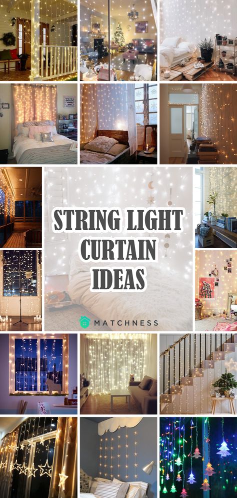 Fairy Lights Window Curtains, Lights On Curtains Living Room, Sheer Curtain Lights Bedroom, Curtain String Lights Living Room, Led Curtain Lights Bedroom Ideas, Curtain Lights Bedroom Ideas Hanging, Bedroom Curtain Light Ideas, Curtain Lights Christmas Decor, Curtain Christmas Lights