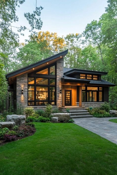 Modern House With Breezeway, Home Surrounded By Nature, House With Basement Exterior, Single Story Mid Century Modern House, Dream House One Story, Nice One Story Houses, Northwest Contemporary Homes, 1 Story Modern House Exterior, River Homes House Plans