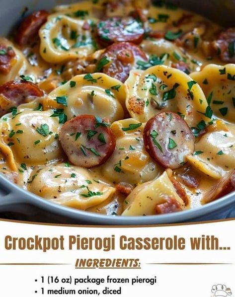 Pierogies In Crockpot, Crockpot Perogies Casserole, Perogie Casserole Crockpot, Crockpot Perogies, Crockpot Pierogi Casserole With Kielbasa, Recipes With Perogies, Perogies And Kielbasa, Perogies Casserole, Crockpot Pierogi Casserole