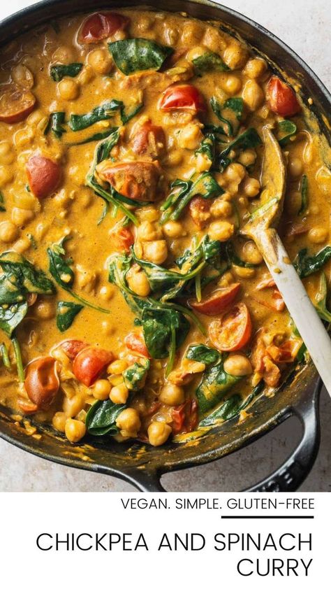 A pot of chickpea curry. Chickpea Spinach Curry, Chickpeas And Spinach, Chickpea And Spinach, Chickpea Spinach, Chickpea And Spinach Curry, Spinach Curry, Vegan Curry, Chickpea Recipes, Chickpea Curry