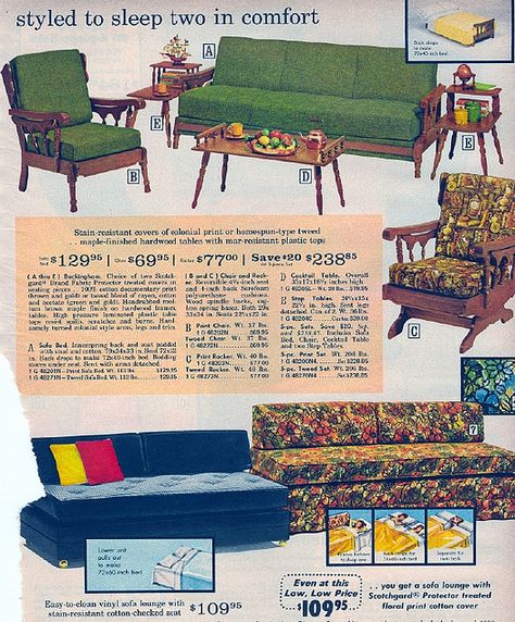 1971 Sears  Catalog. OMG I just realized where my grandmother got her den furniture. I still own the top set. Every piece of it. All from Sears. Wow. Green Couches, Catalog Furniture, Den Furniture, Maple Furniture, Floral Bedspread, Sears Catalog, Furniture Ads, Interiors Magazine, Retro Ads