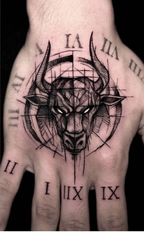 Men's Tattoo Ideas, Taurus Symbol Tattoo, Tattoo Main, Taurus Bull Tattoos, Herren Hand Tattoos, Men's Tattoo, Back Of Leg Tattoos, Tattoo Homme, Fierce Tattoo