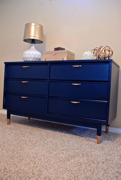 Navy Mid-Century Dresser Re-do with Gold Dipped Legs Navy Blue Dresser, White Bathrooms, Blue Dresser, Gold Dresser, Mid Century Dresser, Black Tones, Refinished Furniture, Furniture Rehab, Green Door