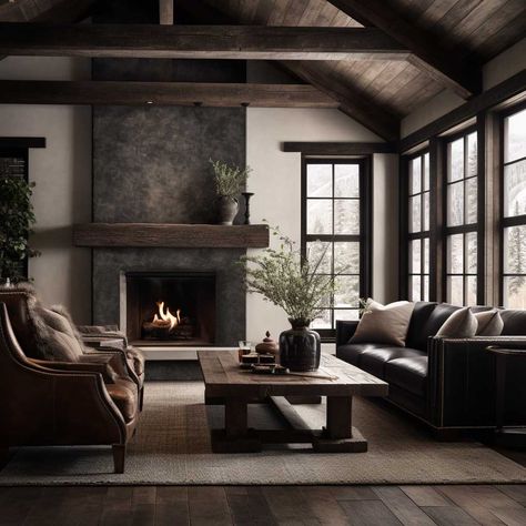 Dark Moody Living Room With Fireplace, Moody Living Room Light Walls, Dark Interior Living Room, Dark And Moody Interior Design, Rustic Moody Living Room Ideas, Light Moody Living Room, Dark Wall Living Room Ideas, Dark Gray Living Room Ideas, Dark Brick Fireplace