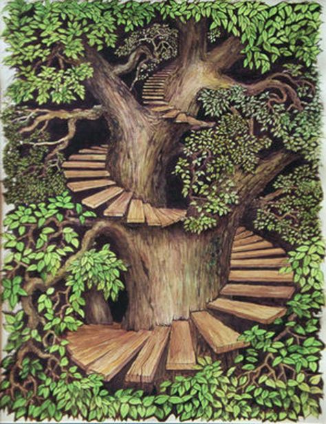 Spiral Stairs Tree Art Tree Of Life Pictures, Stair Art, Fantasy Tree, Forest Mural, Tree Of Life Art, Forest Color, Spiral Stairs, Gnome House, Fantasy Forest