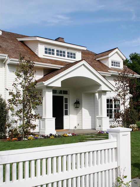 Adding a dormer over front door Portico Design, Ranch Remodel, Shed Dormer, Brown Roof, Exterior Design Ideas, Dormer Windows, Transom Windows, Traditional Exterior, Picket Fence