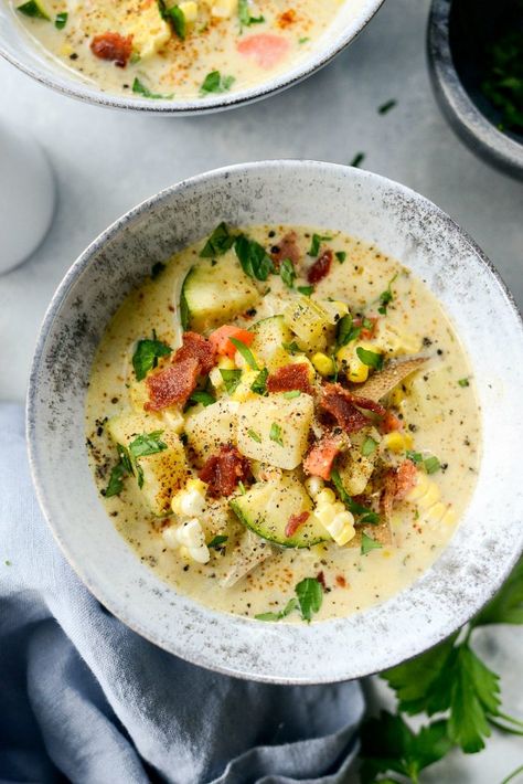 Summer Corn and Zucchini Chowder l SimplyScratch.com #summer #corn #zucchini #potato #chowder #soup #sweetcorn Corn And Zucchini Chowder, Zucchini Chowder, Zucchini And Potatoes, Corn And Zucchini, Corn Zucchini, Potato Chowder, Zucchini Soup, Chowder Soup, Summer Soup