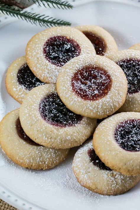 Lemon Raspberry Jam Thumbprint Cookies Cookies With Jam, Jam Thumbprint Cookies, Thumbprint Cookies Recipe, Buttery Shortbread, Heart Cookie, Jam Cookies, Almond Flavor, Thumbprint Cookies, Lemon Raspberry