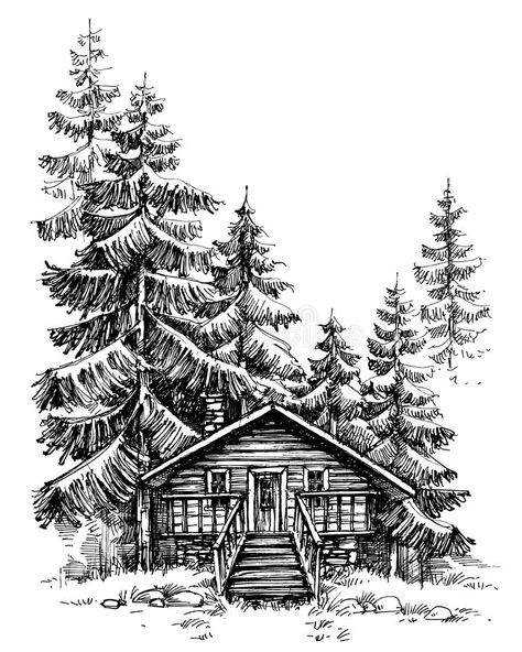 A wooden cabin in the pine forest. Idyllic winter landscape, holidays retreat , #Affiliate, #pine, #forest, #wooden, #cabin, #Idyllic #ad Cabin Tattoo, Sketch Landscape, Forest Sketch, Landscape Pencil Drawings, Forest Drawing, Wooden Cabin, Cabin Art, Landscape Sketch, Wooden Cabins