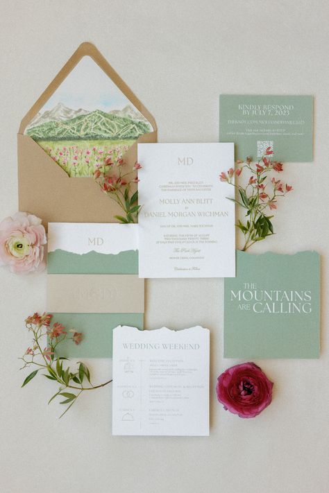 Watercolor Mountain Wedding Invitations, Aspen Wedding Invitations, Mountain Wildflower Wedding Invitations, Wild Flower Mountain Wedding, Mountain Wedding Invitation Suite, Coastal Mountain Wedding, Wedding Invitation Theme Design, Colorado Wedding Invitations, Mountain Wedding Mood Board