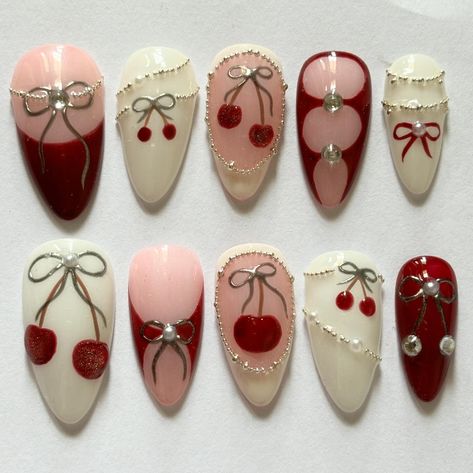 custom cherry set🍒🖇️ #nails #pressonnails #pressonnailsindia #nailsnailsnails #nailinspo #nailart Cherry Bow Nails, Cherry On Nails, Cherry Nails Designs, Nail Cherry, Ballet Makeup, Nails Cherry, Daisy Acrylic Nails, Cherry Nail Art, Cherry Nail