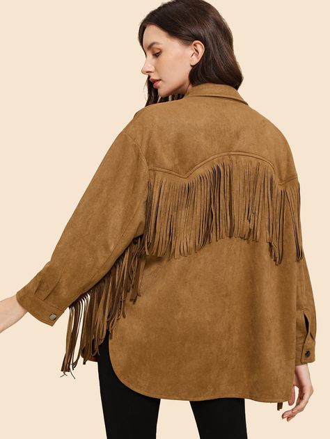 Suede Jacket Outfit, Fringe Coat, Fringe Coats, Jacket Outfit Women, Suede Tassel, Fringe Jacket, Unique Boutique, Tassel Fringe, Shein Style