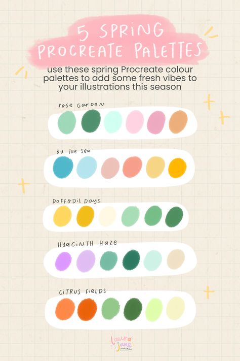 Infuse the spirit of spring into your illustrations with these five vibrant Spring-inspired Procreate colour palettes. Download now! Procreate Color Palette Free Download, Procreate Palette Free, Colour Palette Spring, Spring Pallete, Fruit Color Palette, Free Procreate Color Palettes, Spring Procreate, Crocheted Bouquet, Flower Color Palette