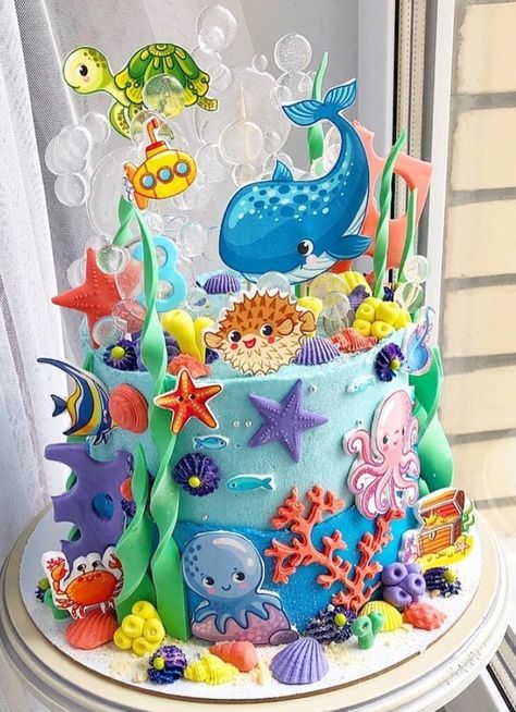 Sea Animal Cake Ocean Themes, Sea Animal Birthday Cake, Sea Animals Cake, Sea Animal Cake, Ikan Lumba Lumba, Animal Cakes For Kids, Dory Birthday Cake, Under Sea Cake, Cake Ocean