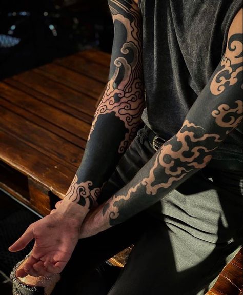 Arm Cover Up Tattoos, Black Sleeve Tattoo, Japanese Tattoos For Men, Blackout Tattoo, Manga Tattoo, Full Arm Tattoos, Creepy Tattoos, Japanese Tattoo Designs, Body Modification