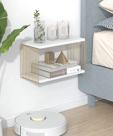 Bedside Table On Wall, Bedroom Floating Nightstand, Floating Nightstand Bedroom, Floating White Shelves, Bedside Table Floating, Floating Bedside Tables, Wall Mounted Nightstand, Nightstand Wall, Floating Bedside Shelf