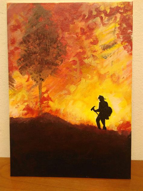 Firefighter Paintings With Red Background, Firefighter Painting Ideas, Firefighter Painting, Medusa Quotes, Firefighter Drawing, Fire Painting, Canvas Painting Tutorials, Fire Prevention, Art Competitions