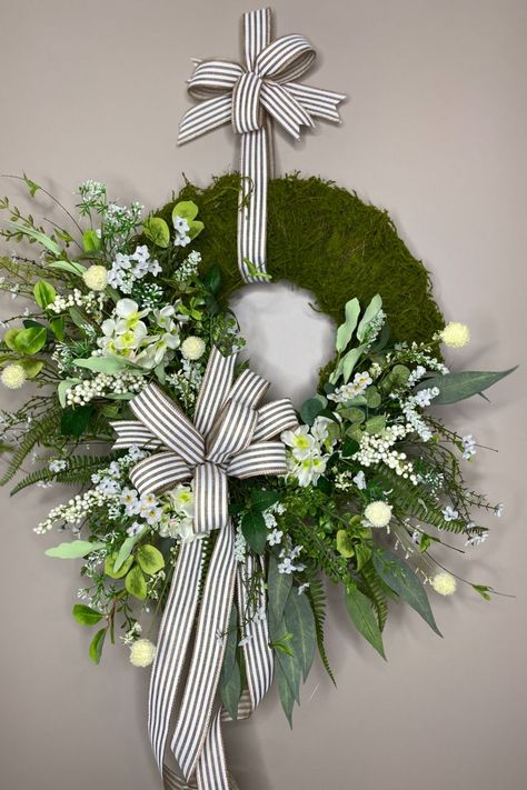 This wreath is all about southern summer living..... Please visit my shop at the link about for additional information. Front Door Wreath Summer, Southern Summer, Moss Wreath, Everyday Wreaths, Year Round Wreath, Summer Living, Striped Ribbon, Wreath Summer, Everyday Wreath