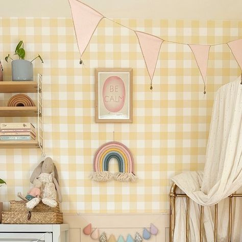 Velveteen Babies - Kids Room Decor on Instagram: "A wise woman knew it was impossible to style kids rooms over half term, so I took a week off attempting!! But now they are back to school, so it was time to pastel 💕 I’m adding this new pastel droplet garland colourway with touches of lilac and pinks to my website today 💜 I’ve been busy sewing and a massive thanks for all your orders whilst I was navigating half term with 3 kiddos at home! xx   #girlsroomdecor #girlsbedroomdecor #girlsbedroominspo #pastelgirlsroom #pastelinteriors" Yellow And Pink Baby Room, Yellow Pink Kids Room, Yellow Childrens Bedroom, Pink And Yellow Striped Walls, Pastel Girls Room, Yellow Kids Wallpaper, Wise Women, Pink Nursery, Girls Room Decor