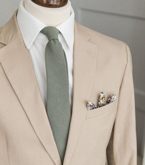 Wedding Tuxedo For Men Groom Style Sage Green, Green Inspired Wedding, Sage Wedding Bridesmaid Dress, Sage Bouquet Wedding, Groom Patterned Tie, Groomsmen Tan Suit Green Tie, Cream Suit With Sage Green Tie, Beige And Green Suit Men Wedding, Sage Green Wedding Groomsmen Gray Suits