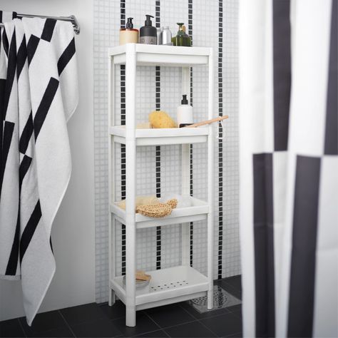 A small, beautiful bathroom with functional storage - IKEA Ikea Bathroom Shelves, Ikea Bathroom Storage, Plastic Storage Shelves, Bathroom Storage Units, Narrow Shelves, Ikea Bathroom, Shower Storage, Plastic Shelves, Beautiful Storage