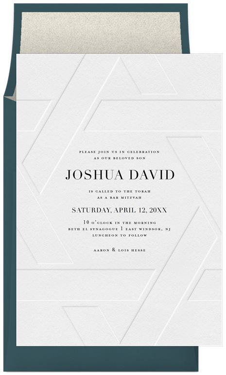 Elegant Emboss by Signature Greenvelope | Greenvelope.com Embossed Invitations, Beautiful Blinds, The Star Of David, Bar Mitzva, Bar Mitzvah Invitations, Coming Of Age, Bar Mitzvah, Star Of David, The Star