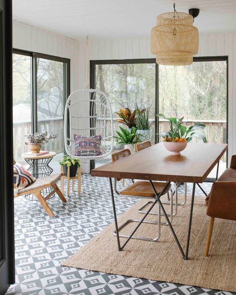 One Room Challenge Week 6 // Sunroom Reveal — Lauren Koster Creative Bohemian Light Fixtures, Sunroom Dining, Wicker House, Kate Marker Interiors, Sunroom Ideas, Sunroom Decorating, Diy Side Table, One Room Challenge, Sunrooms