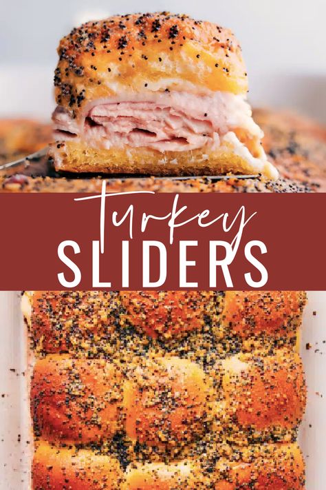 The ultimate Turkey Sliders: Soft rolls loaded with oven-roasted deli turkey and melty cheese, topped with a delicious buttery-herb spread. #dinner #best #quick #easy #simple #appetizer #turkey #sliders Turkey Sandwich Sliders, Sliders Recipes Turkey, Hawaiian Roll Sandwiches, Sliders Recipes Hawaiian Rolls, Deli Turkey Recipes, Hot Turkey Sandwiches, Soft Rolls, Turkey Sandwiches Recipes, Turkey Sliders