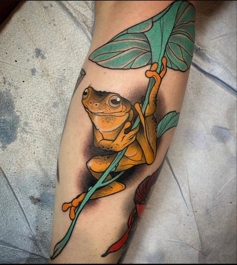 A neotraditional orange frog tattoo on the back of a calve by emmanual mendoza Neo Traditional Frog, Neotraditional Frog, Orange Frog, Tattoo On The Back, Tree Frog Tattoos, Frog Tattoo, Frog Tattoos, Neo Traditional, Frog And Toad